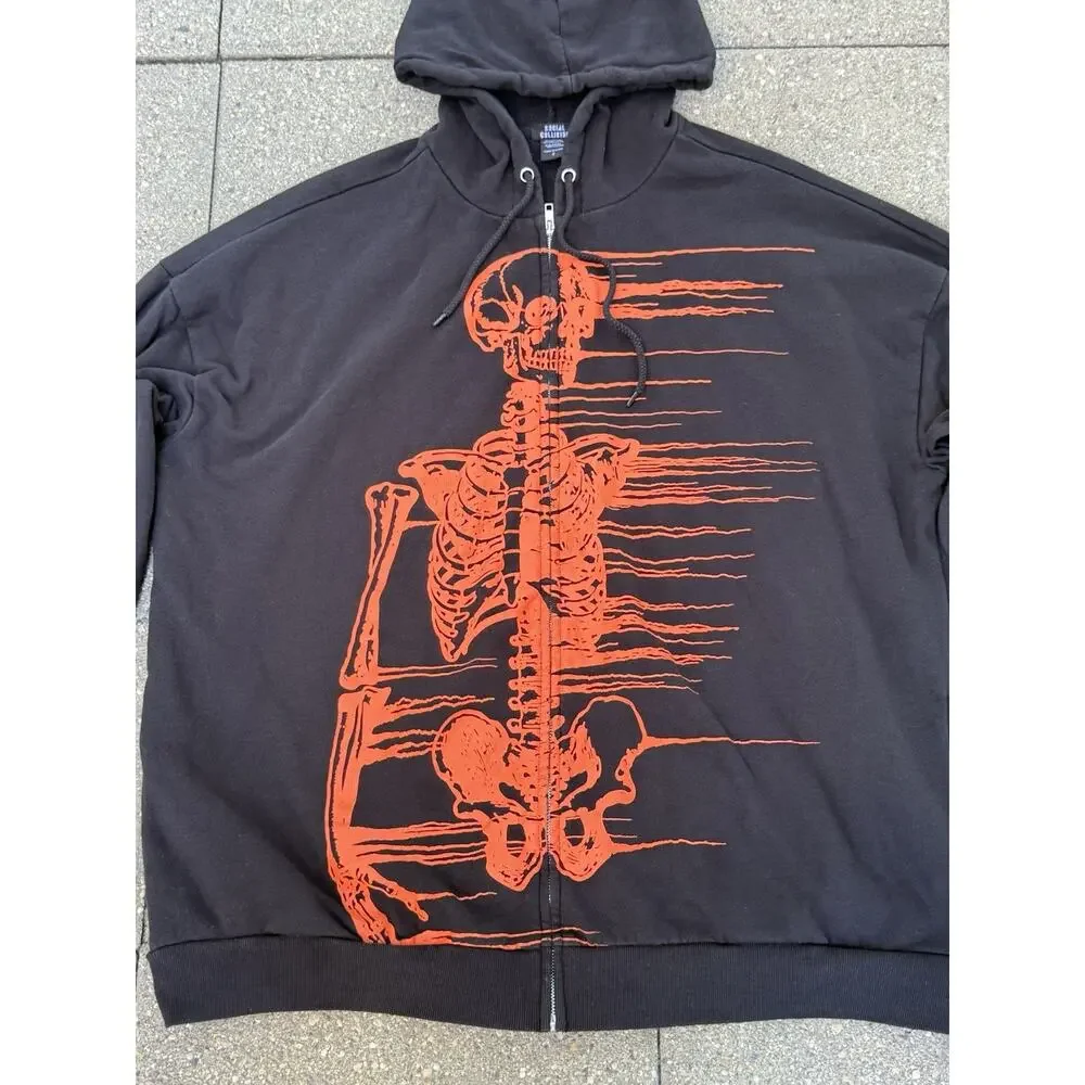 Social Collision Skeleton Zip Up Hoodie 2XL Black Orange Goth Grunge Emo Punk